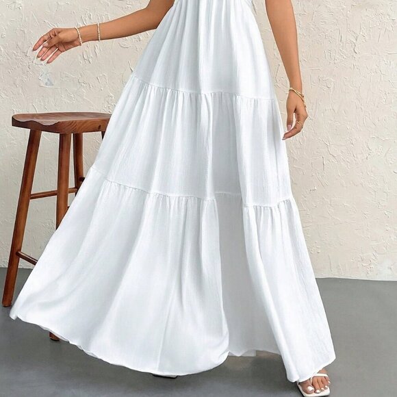 White Sexy Women's Crepe Halter Neck Tie Backless Maxi Dress - Picture 4 of 6